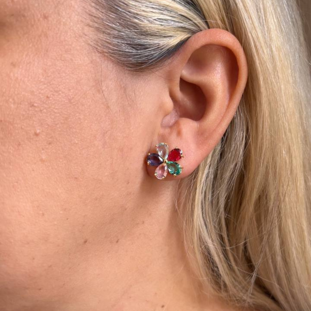 Brinco Flor com Pedras em Zircônias Coloridas