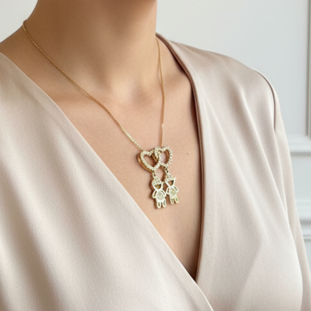 Double Boys Pendant Necklace with Heart Design