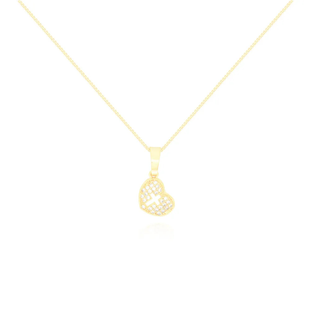 Colar Coração Cravejado e Cruz Vazada no Centro