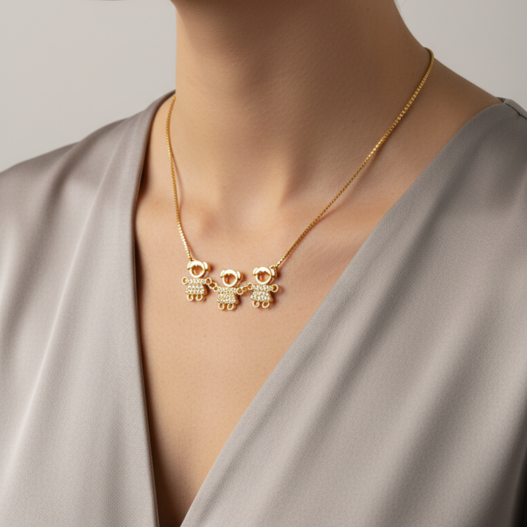 Triple Girls Pendant Necklace with Zirconia Details