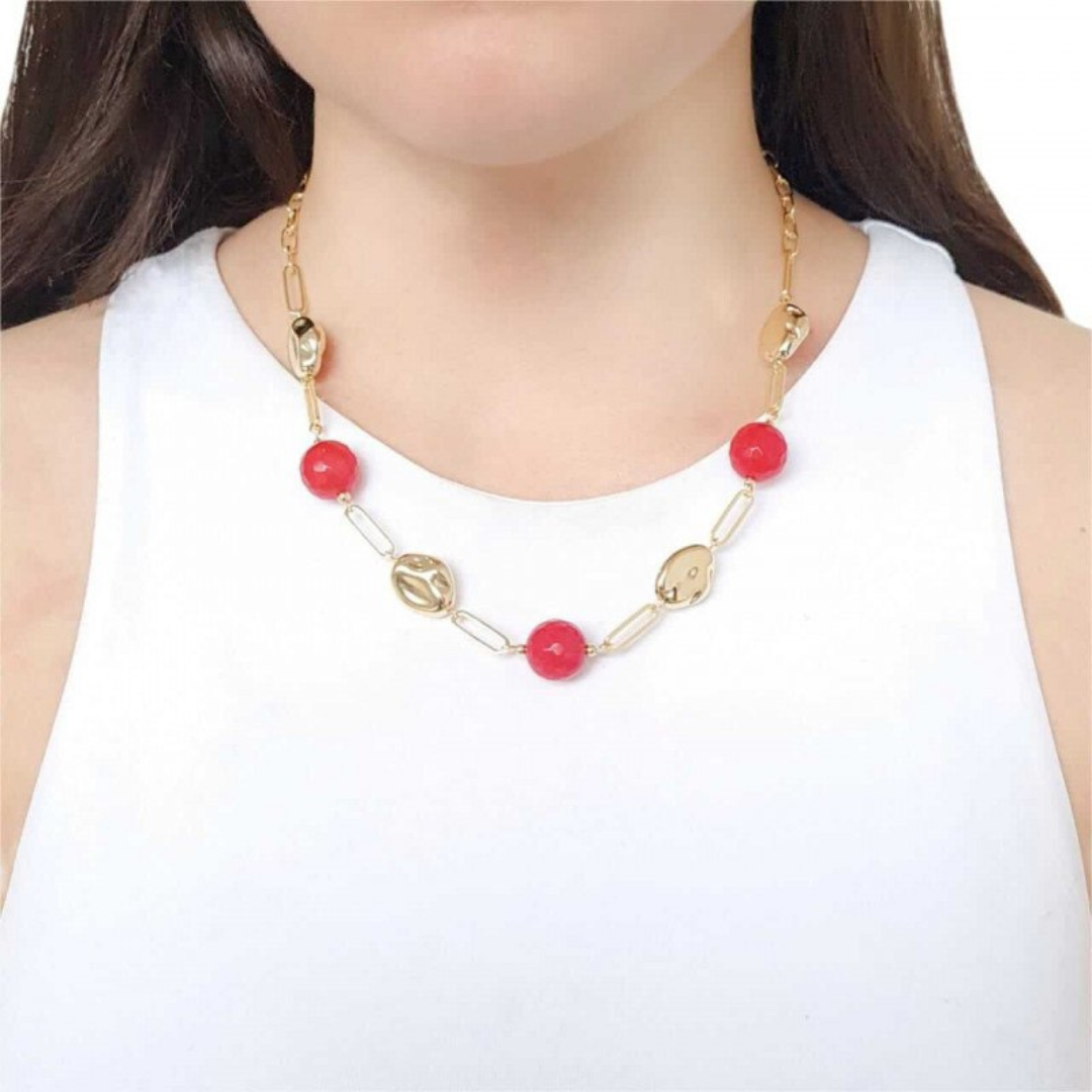 Necklace with Red Beads and Gold Links
