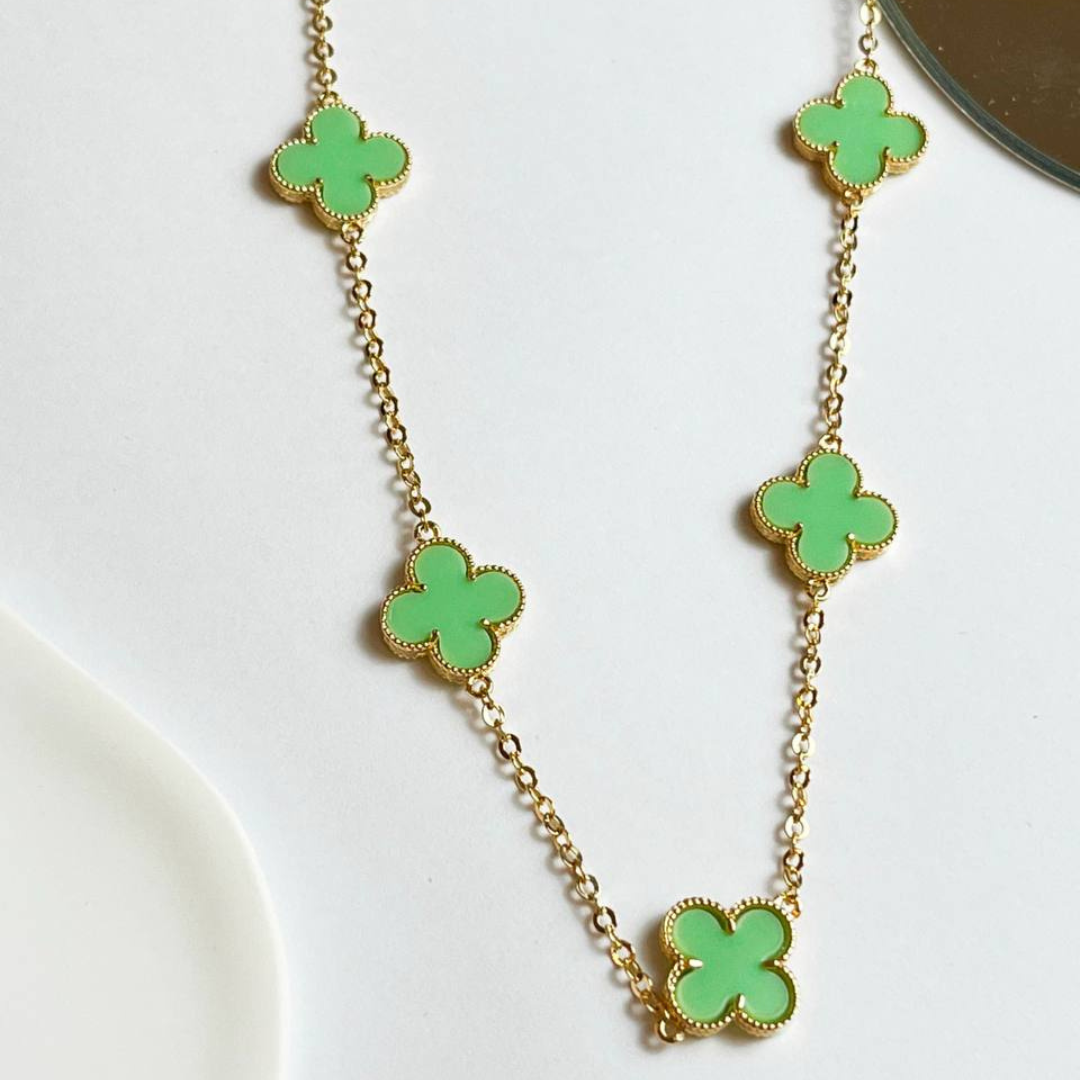 Long Clover Necklace with Green Stone
